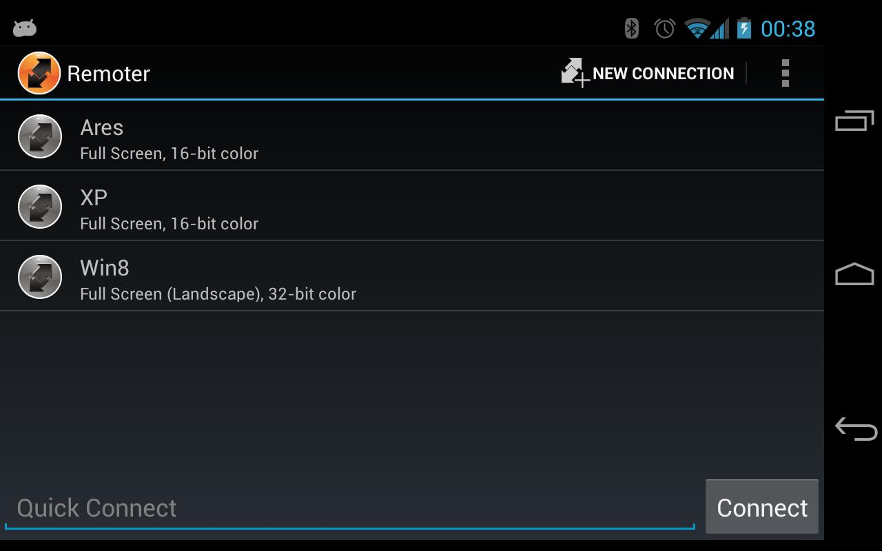 Saved connection list with Quick Connect bar