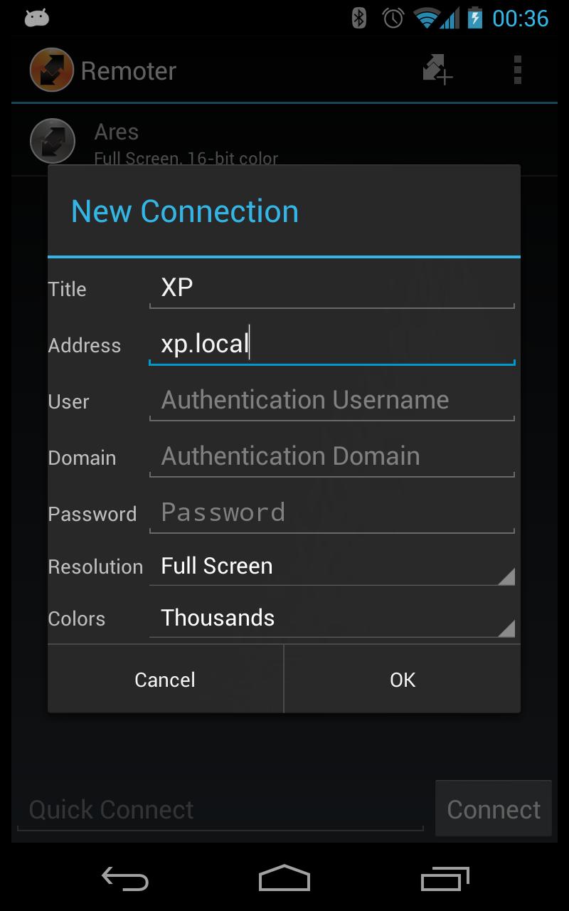New Connection dialog with host, credentials and display settings
