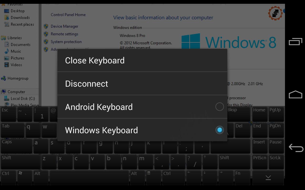 Active remote desktop session with the on-screen PC keyboard and session menu